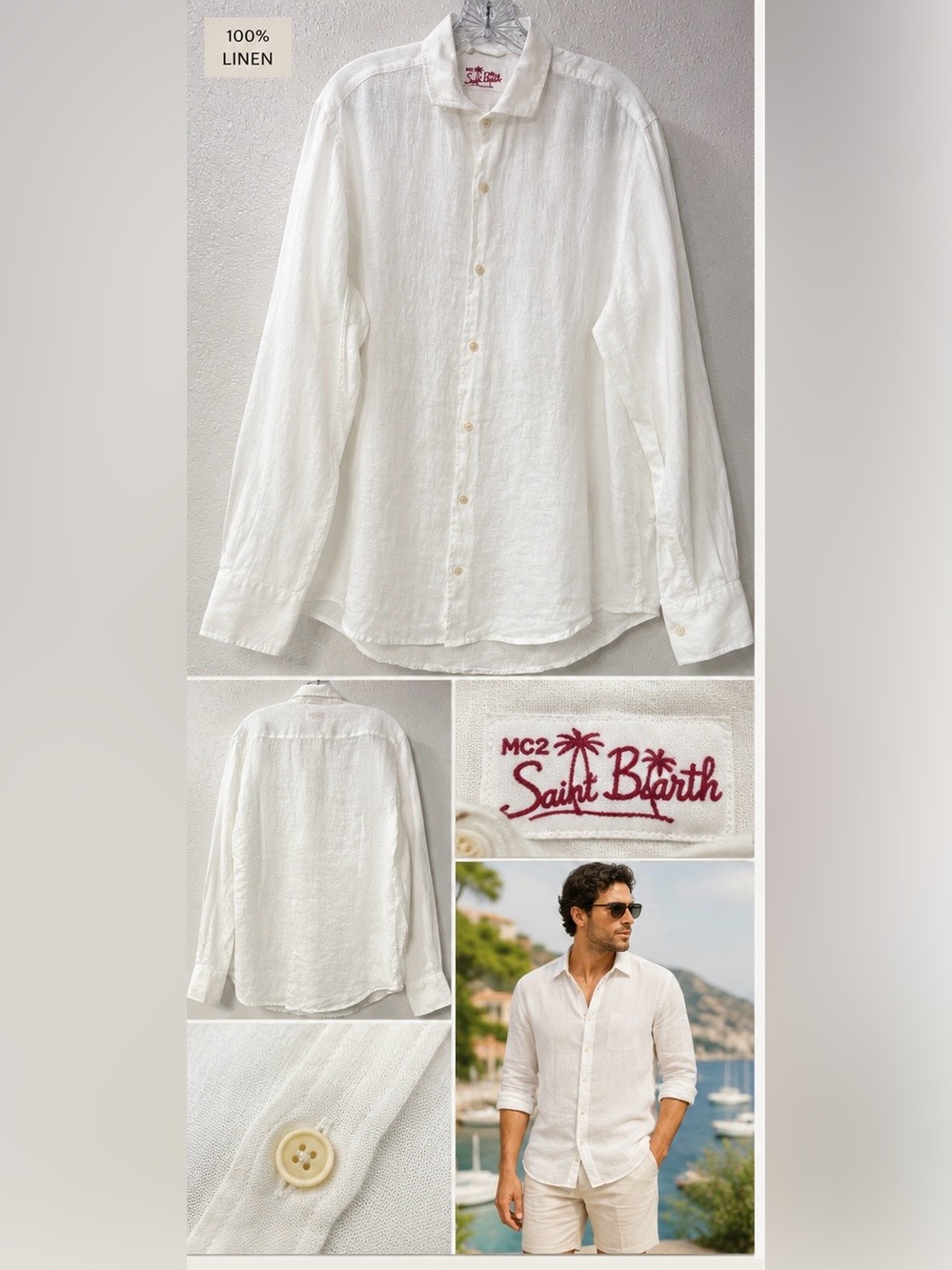 MC2 Saint Barth 100% Linen Button Up Shirt White Made in Italy Resort Men’s M